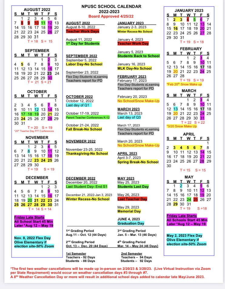 New Prairie United School Corporation Calendar 2022 and 2023