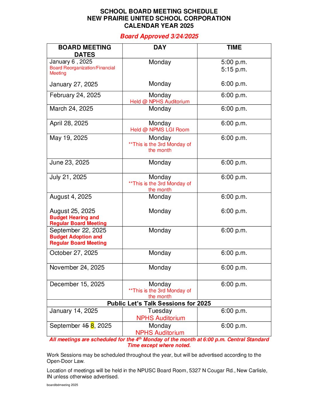 Board Meetings Revised for 2025 - 3-24-25