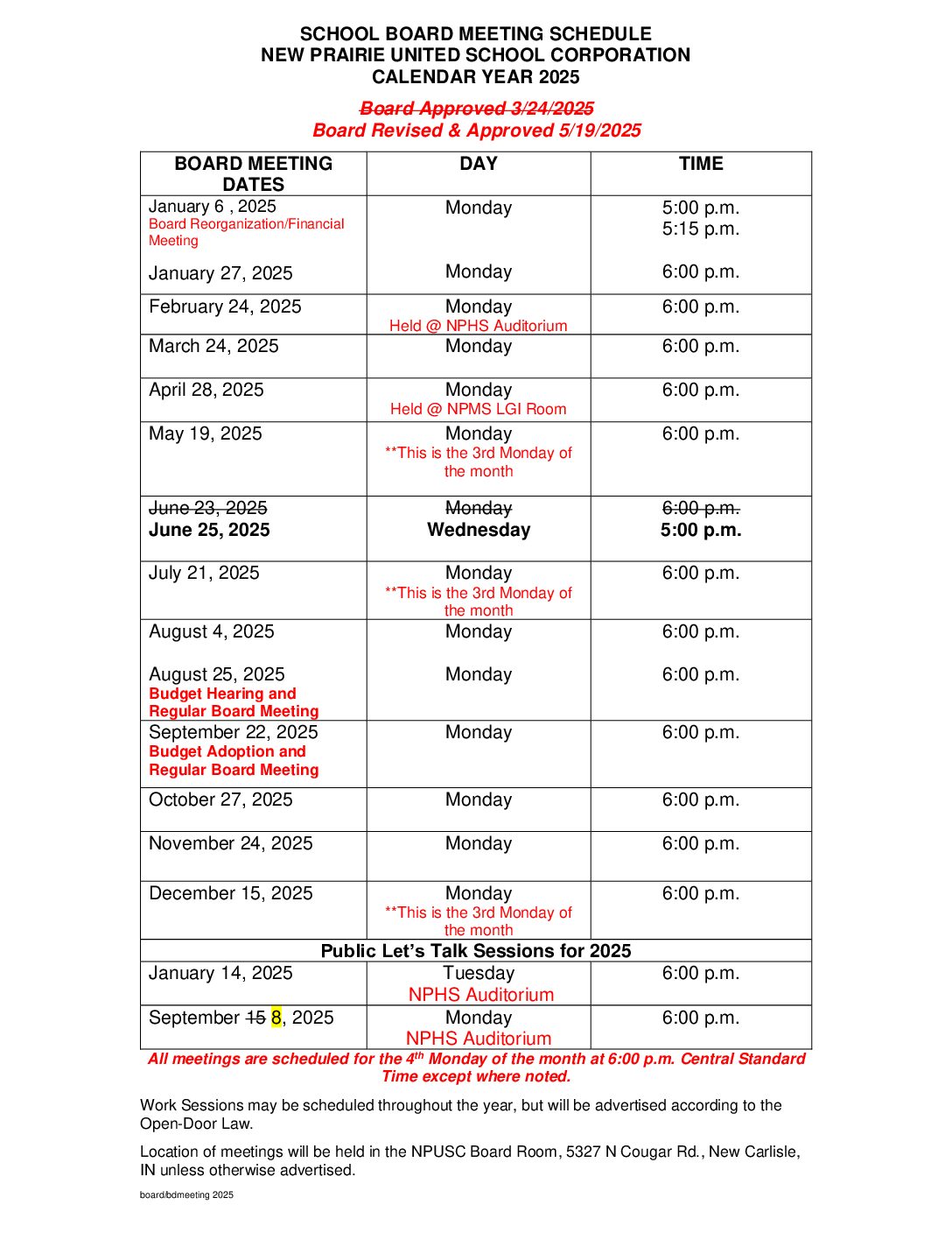 Board Meetings Revised for 2025 - 5-19-25