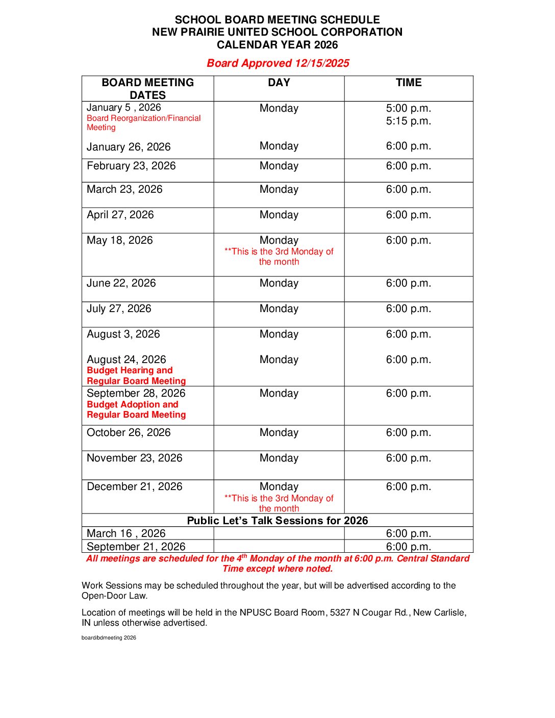 Board Meetings for 2026